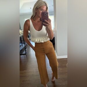 White Knit Crop Top and Brown Buttoned Pants